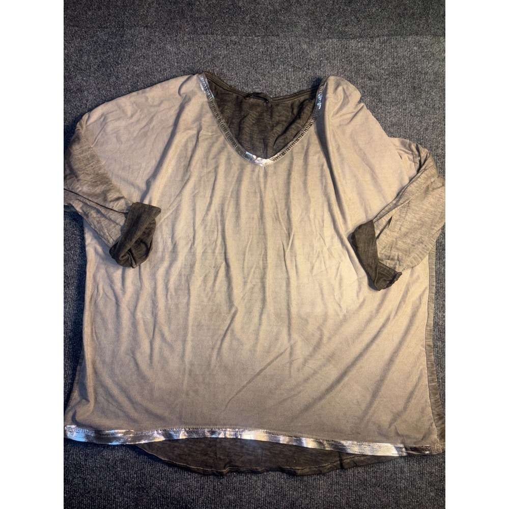 Gigi Moda‎ Blouse Top Womens XL Brown Loose Fit Silver Metallic Trim V Neck